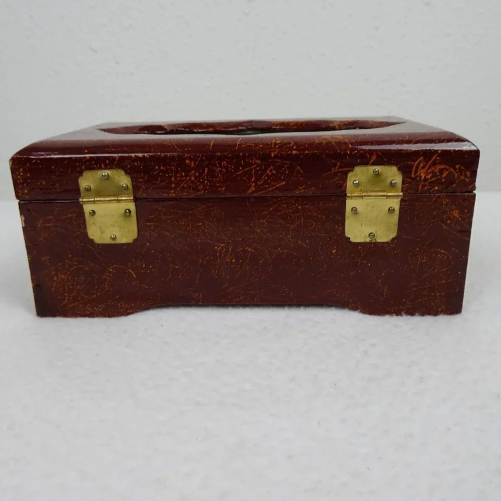 Vintage Asian Jewelry Box Lacquered Carved Diorama Art Inset Pagoda Lined